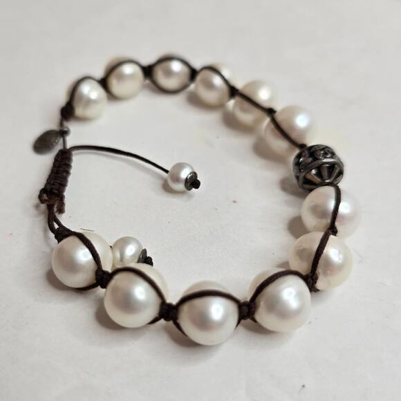 Silpada Vintage Sterling Silver & Genuine Large Pearls Brown Corded Bracelet - Picture 1 of 9